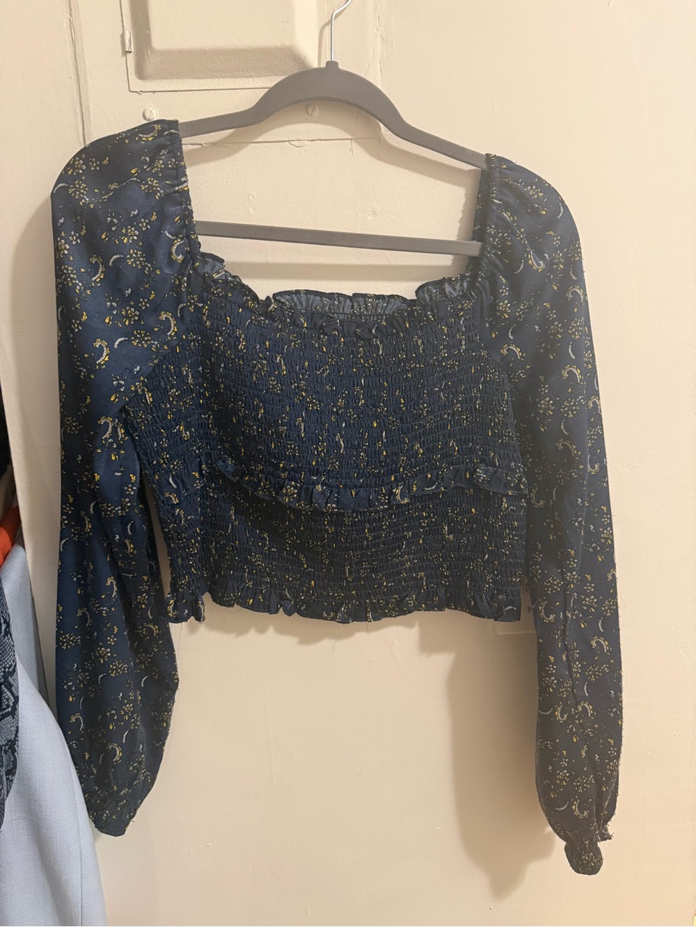 Smocked Navy Floral Long-Sleeve Crop Top